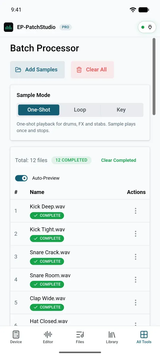 EP-PatchStudio on Android: the Batch Processor with twelve drum samples processed as one-shots.