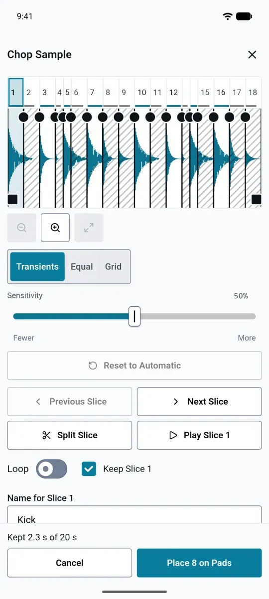 EP-PatchStudio on Android: Chop Sample with a drum loop in 18 slices, Transients mode at 50% sensitivity and slice 1 named Kick.