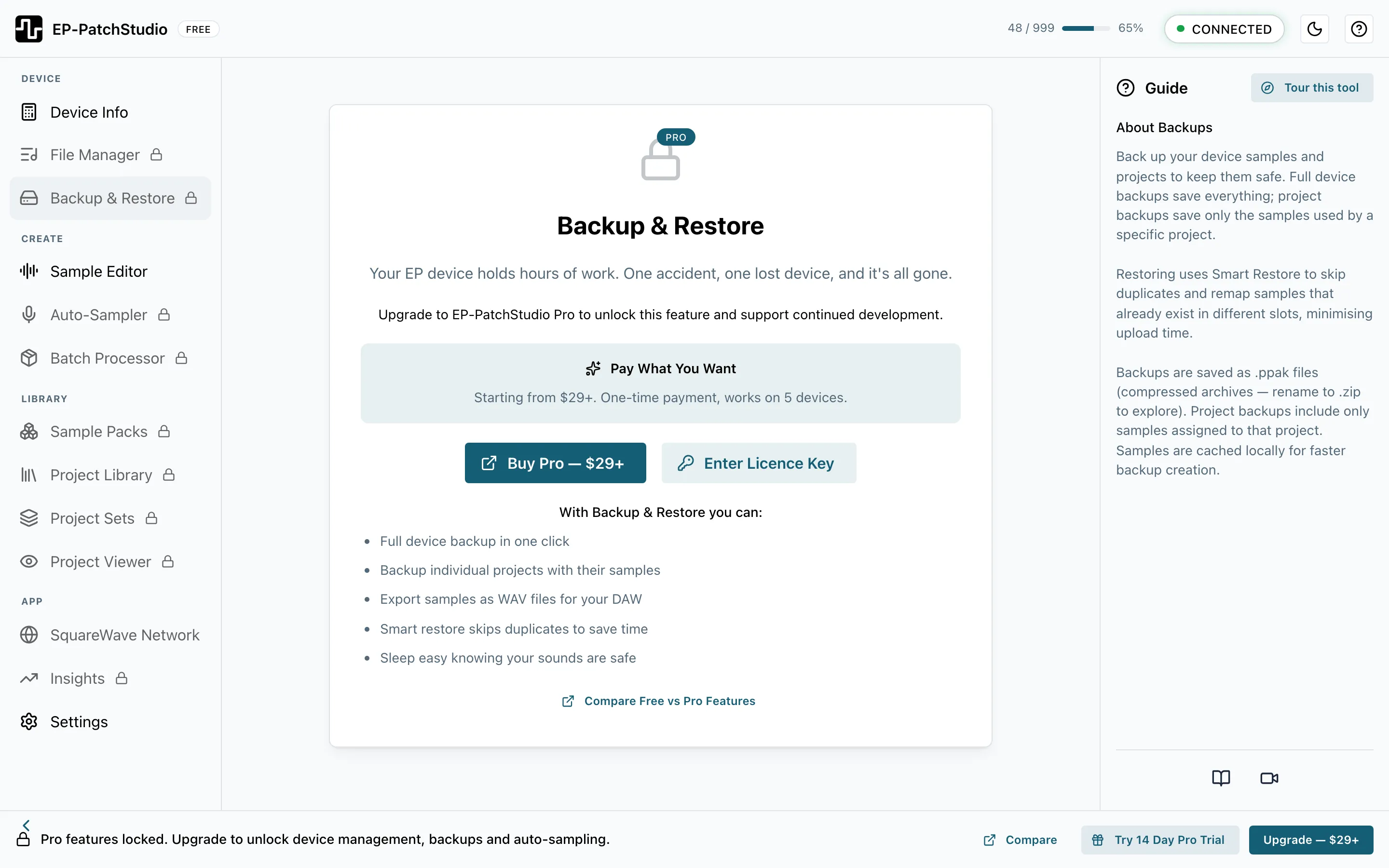 EP-PatchStudio Backup and Restore overview, showing tagged, pinned per-device and per-project backups ready to restore.