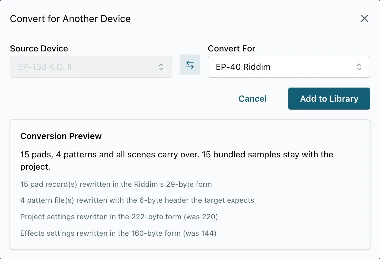 The Convert for Another Device window with Source Device set to EP-133 K.O. II and Convert For set to EP-40 Riddim. The Conversion Preview says 15 pads, 4 patterns and all scenes carry over, and 15 bundled samples stay with the project.