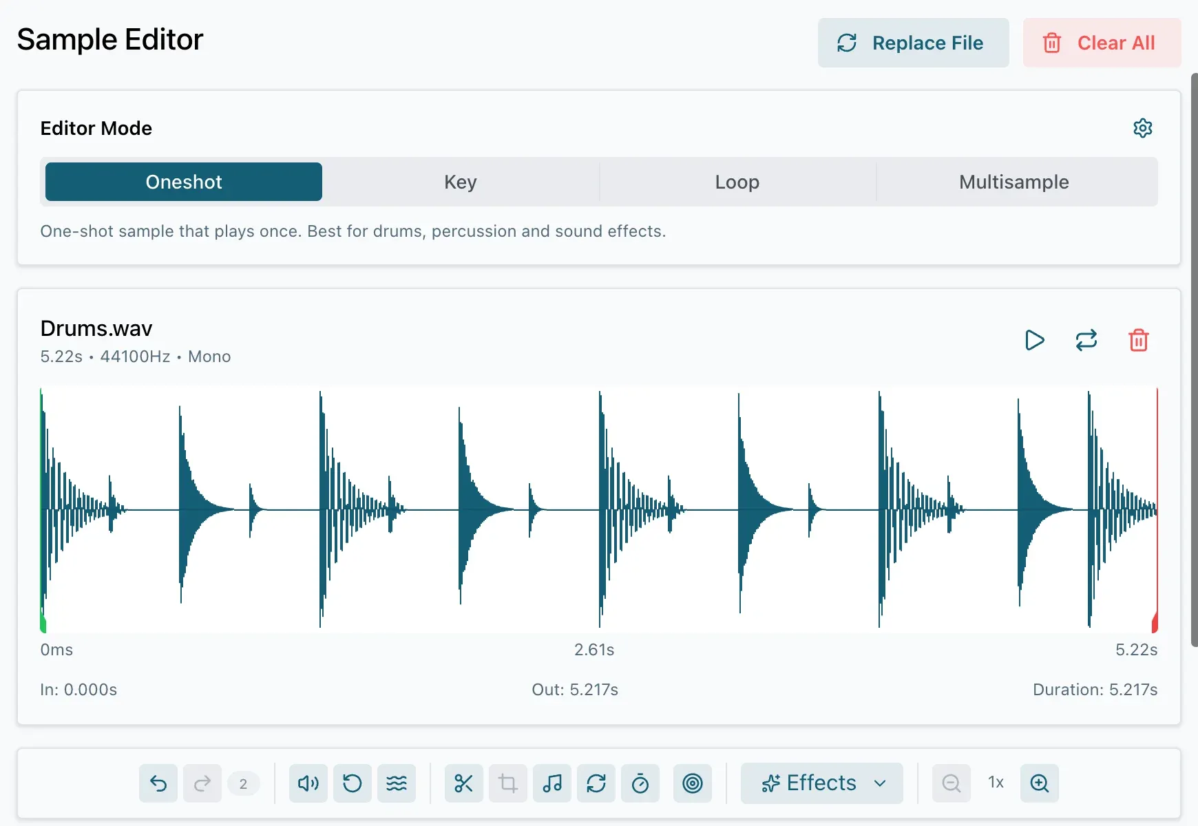 The Sample Editor in Oneshot mode with a two-bar drum loop loaded, showing the In, Out and Duration times under the waveform and the editing toolbar below