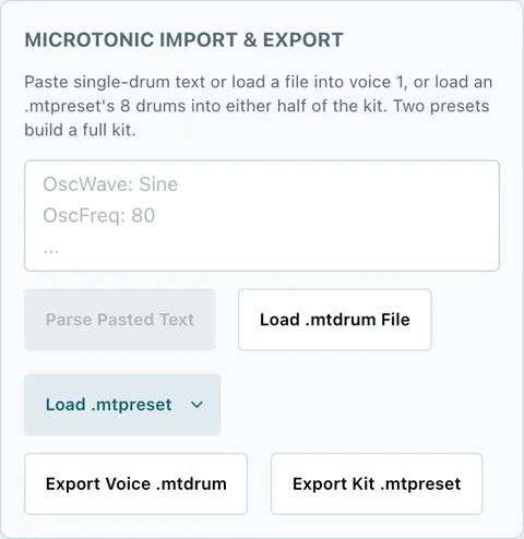 The Microtonic import and export panel in PO-PatchStudio on a phone, with a box for pasting patch text and the Parse Pasted Text, Load .mtdrum File, Load .mtpreset, Export Voice .mtdrum and Export Kit .mtpreset buttons