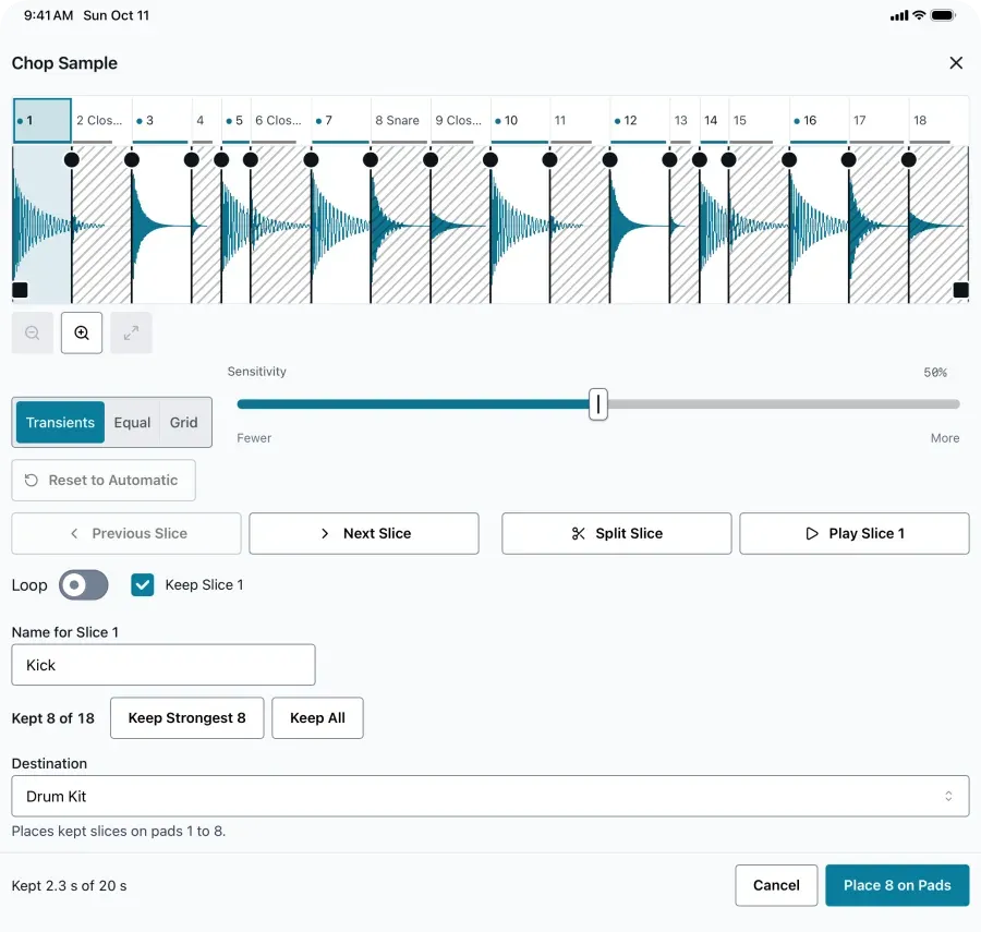 EP-PatchStudio on iPad: Chop Sample with 18 slices of a drum loop, slice 1 named Kick, 8 of 18 kept and the Destination set to Drum Kit on pads 1 to 8.