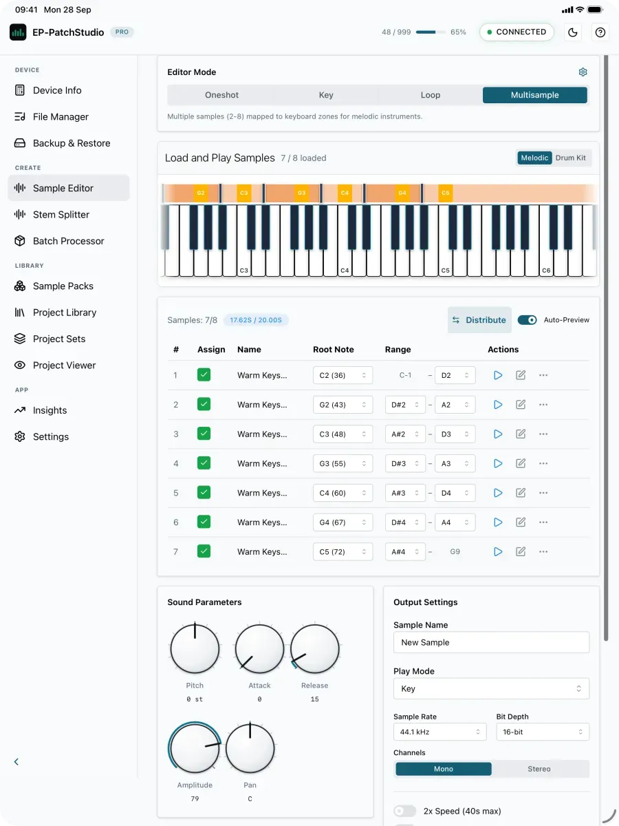 EP-PatchStudio on iPad: the Sample Editor in Multisample mode, with seven samples mapped across keyboard zones from C2 to C5.