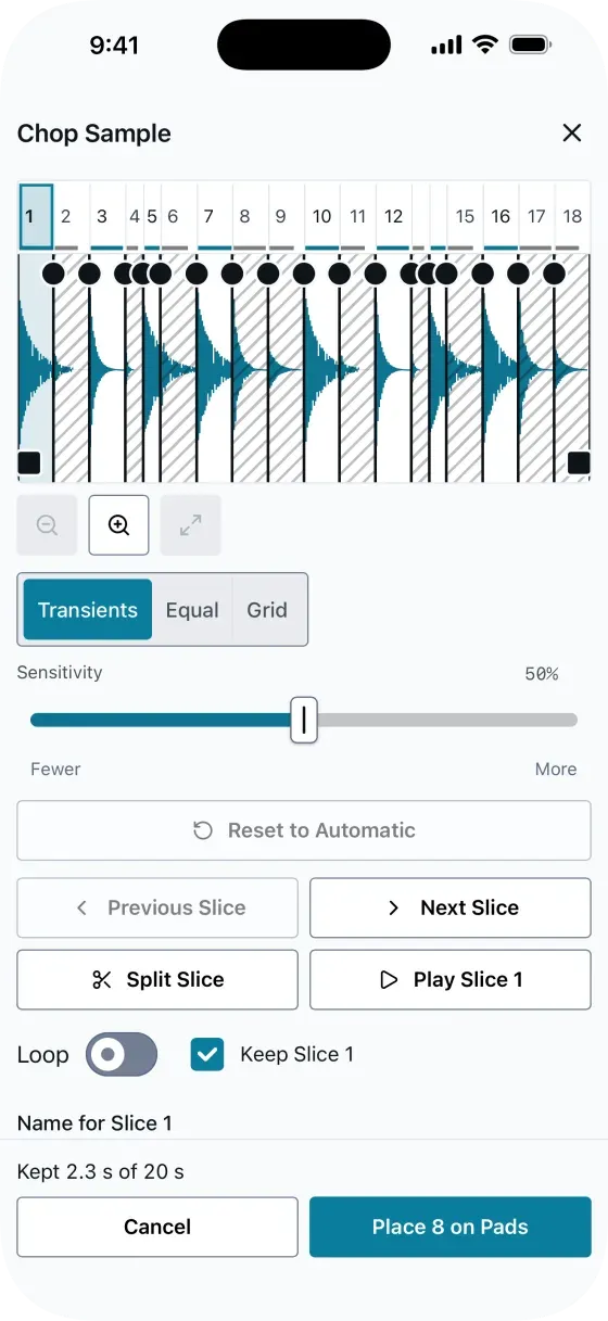 EP-PatchStudio on iPhone: Chop Sample with a drum loop cut into 18 slices by its transients, slice 1 selected and a Place 8 on Pads button.