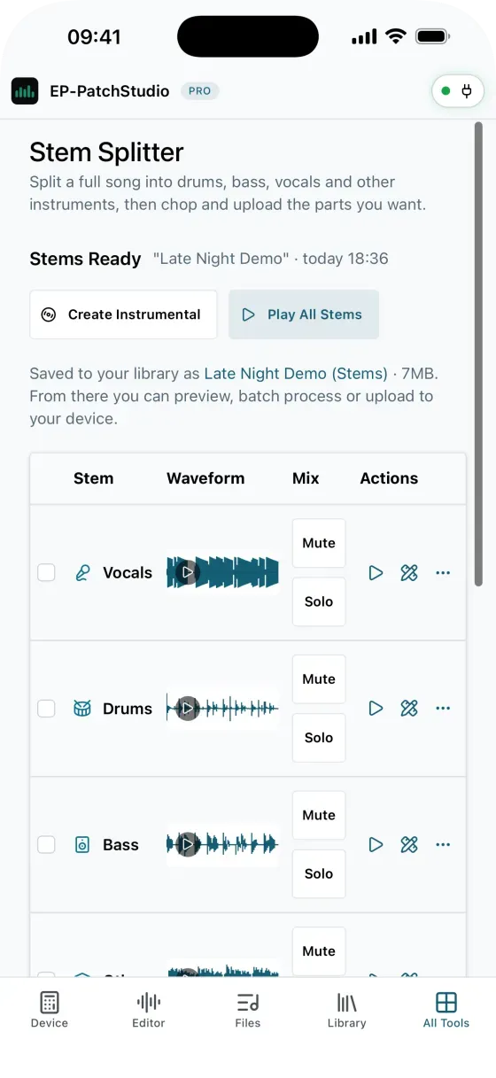 Stem Splitter on an iPhone showing Stems Ready, with Vocals, Drums and Bass rows, each with Mute and Solo buttons