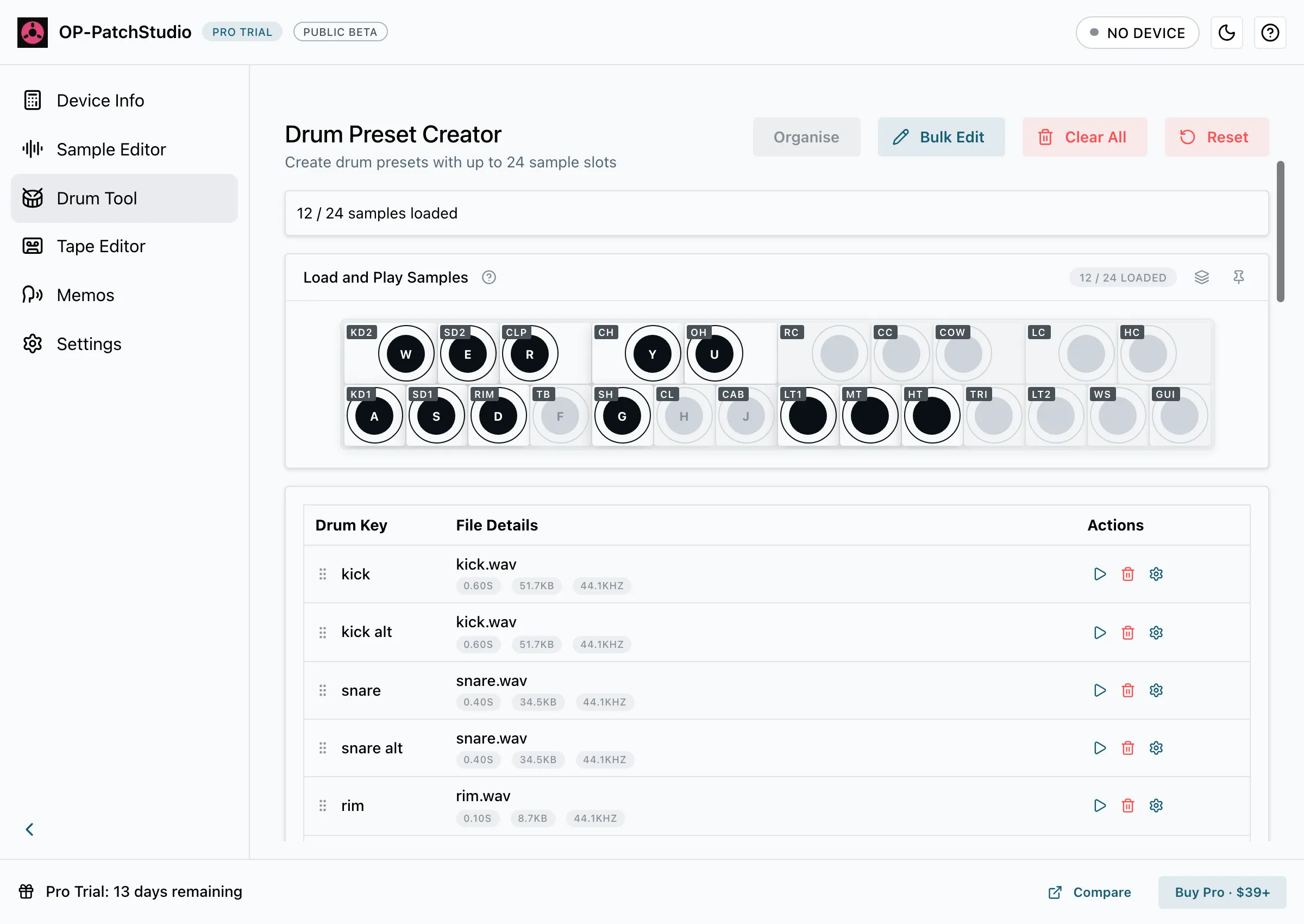 Twelve samples loaded, with each slot listing its file
