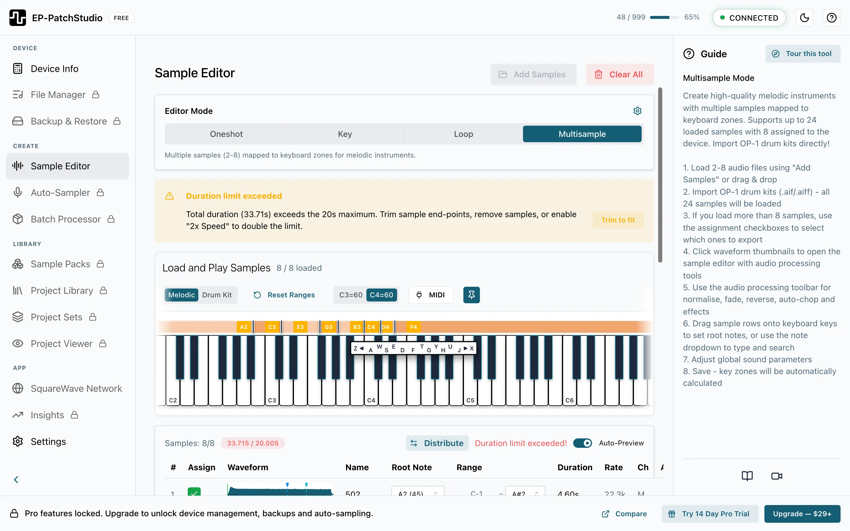 EP-PatchStudio Sample Editor in multisample mode, with melodic samples mapped across colour-coded keyboard zones and a per-sample table showing root notes and ranges.