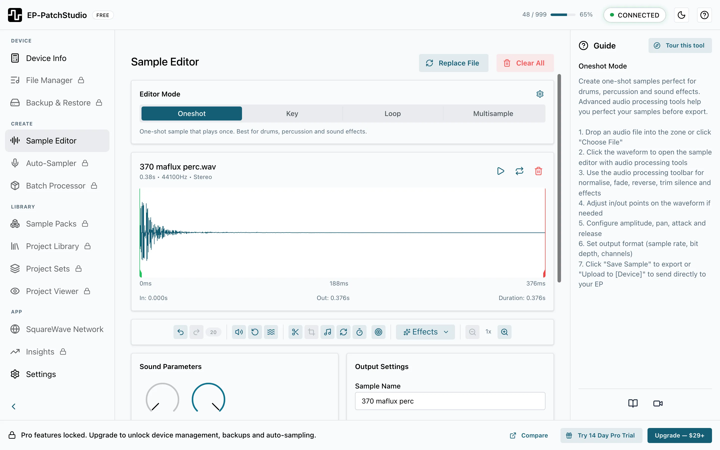 EP-PatchStudio Sample Editor in oneshot mode: a single-sample waveform editor with trim, fade, normalise and effects tools alongside sound parameters.