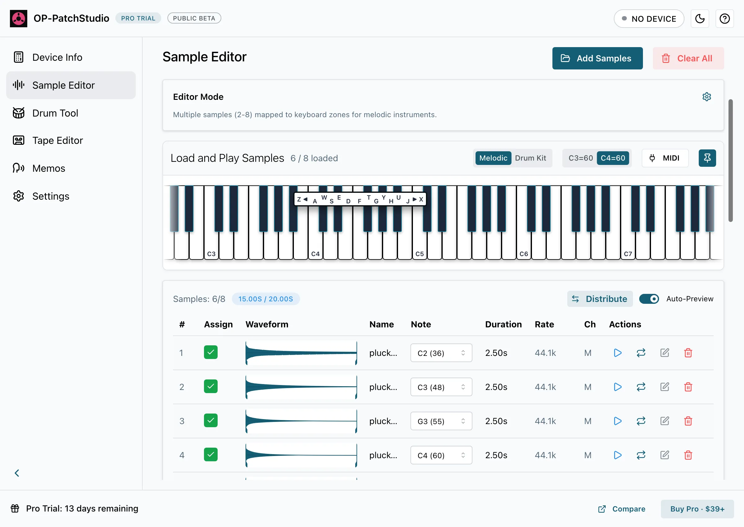 The Sample Editor in Melodic layout with six samples mapped across the keyboard