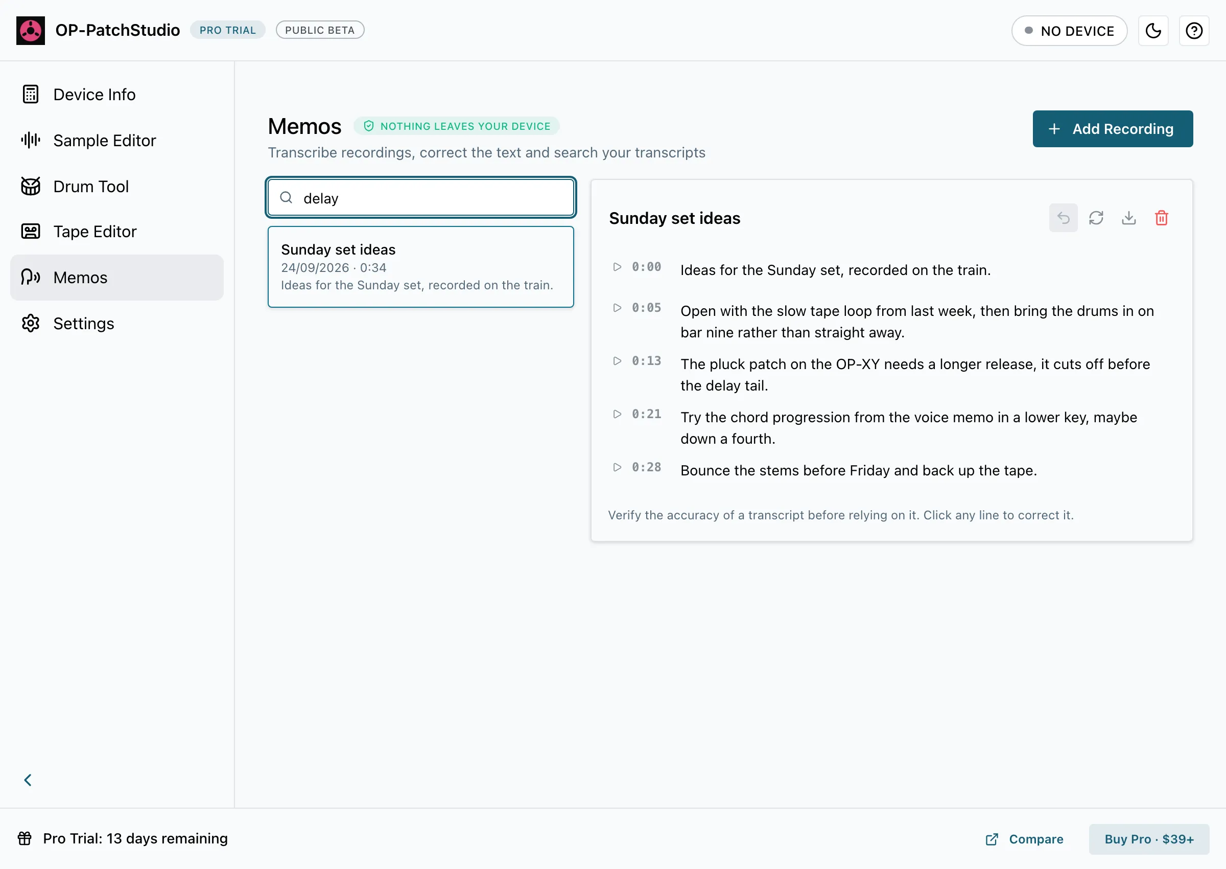 Searching finds text inside every transcript