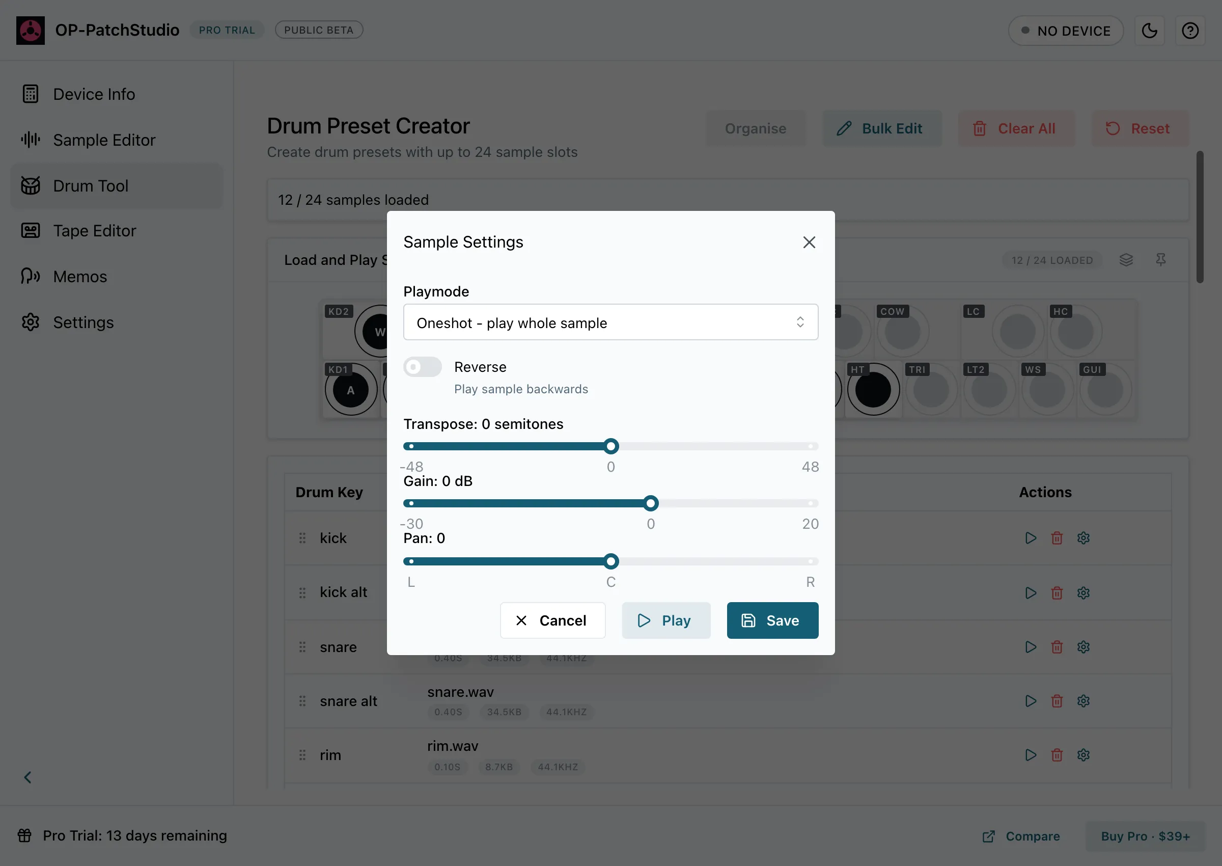 The Sample Settings window for one slot