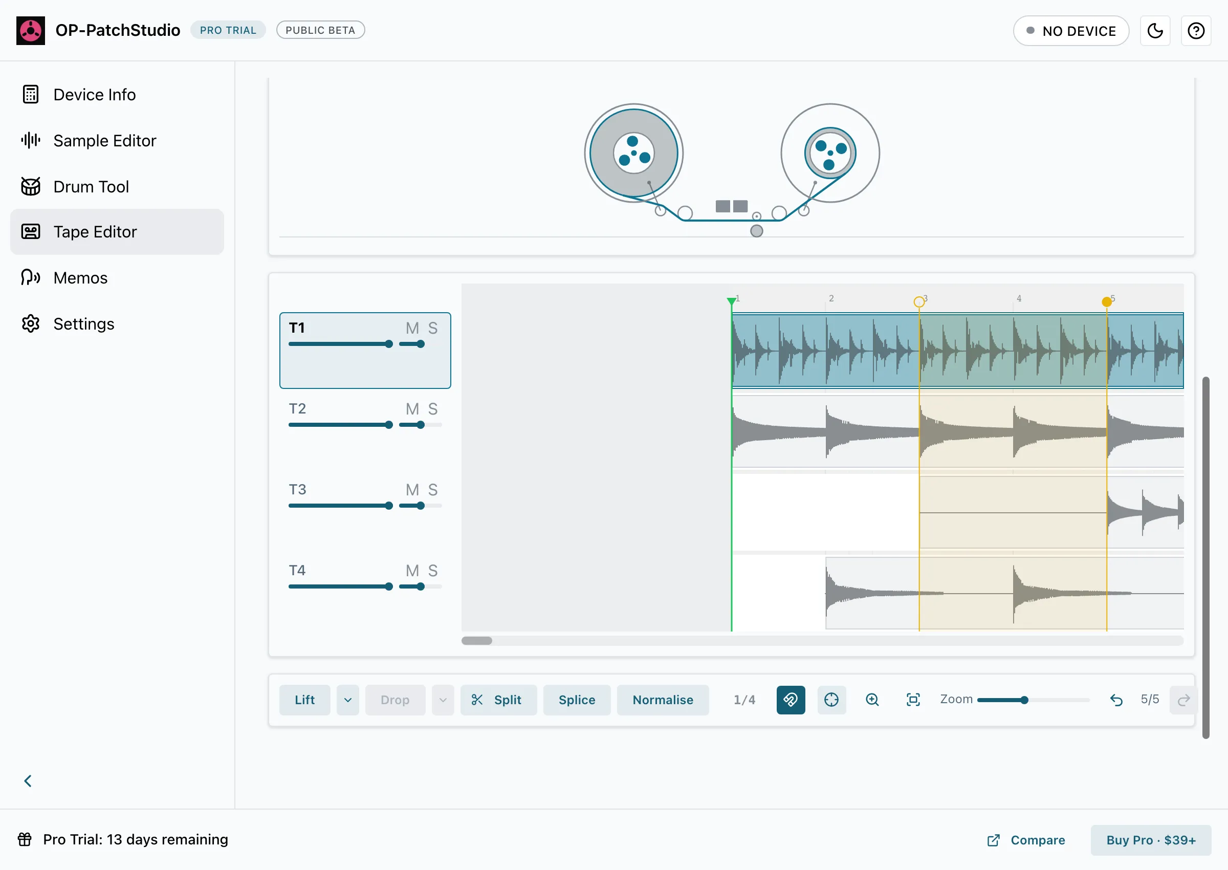 A four-track tape with a loop region set, and the edit tools below the timeline