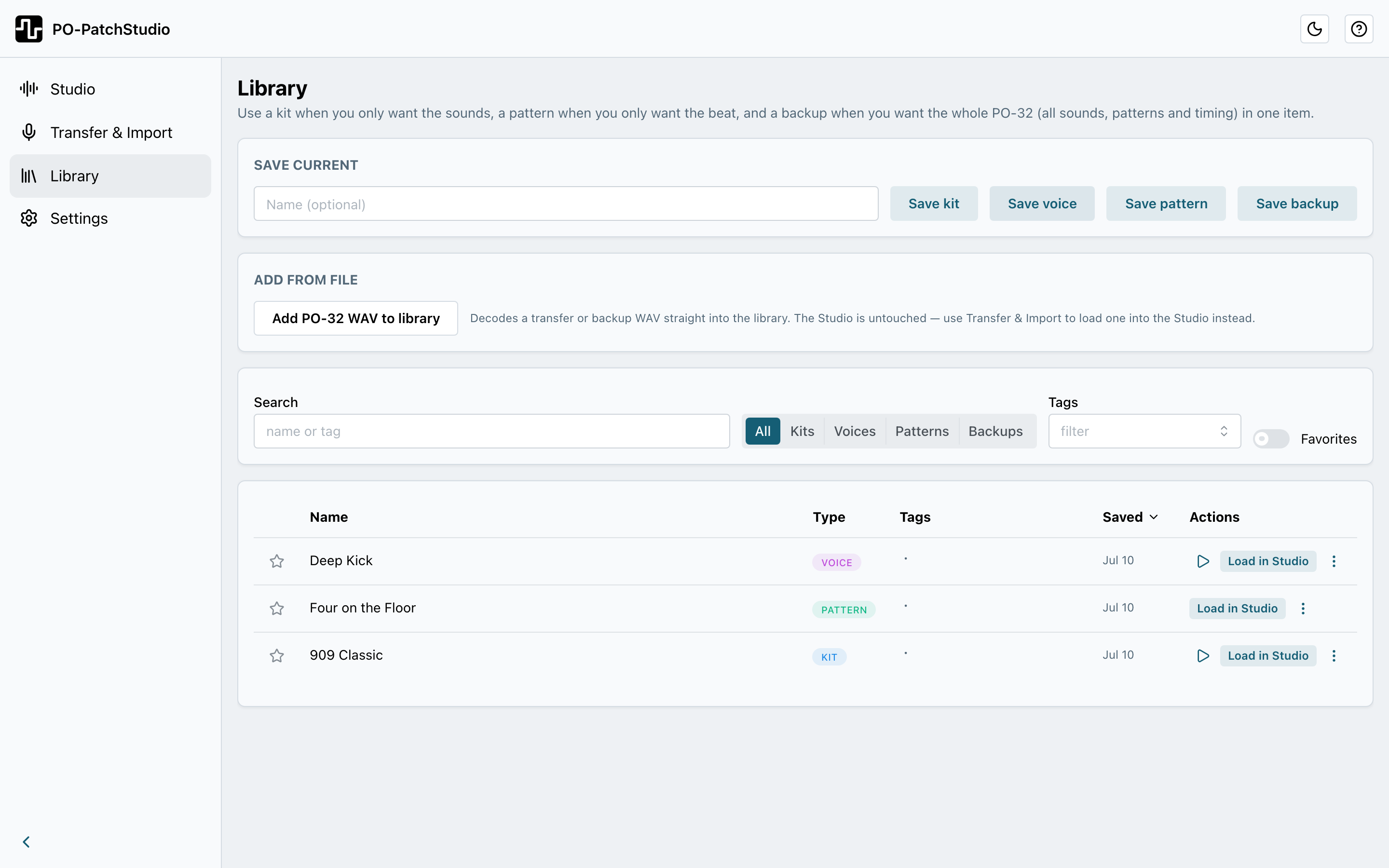 The Library view listing a saved kit, pattern and voice with type badges, search, tag filter and Load in Studio actions.