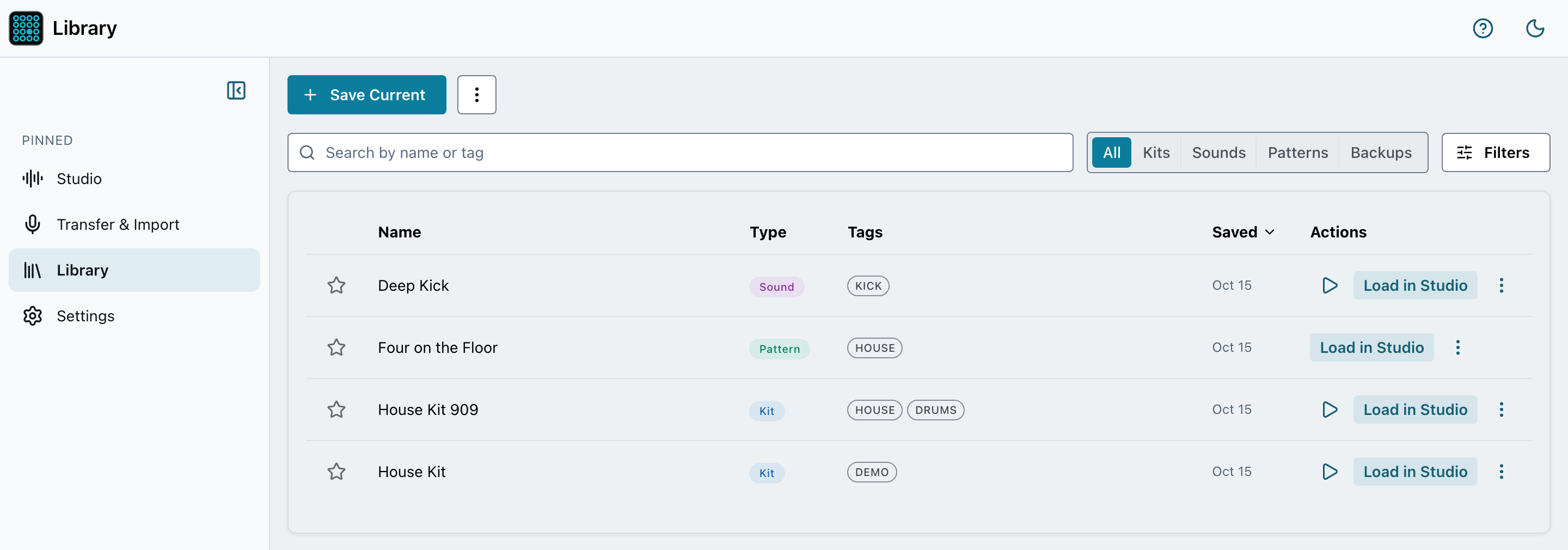The Library listing two kits, a pattern and a sound with type badges and tags, a search box, All, Kits, Sounds, Patterns and Backups filters, and Load in Studio actions.