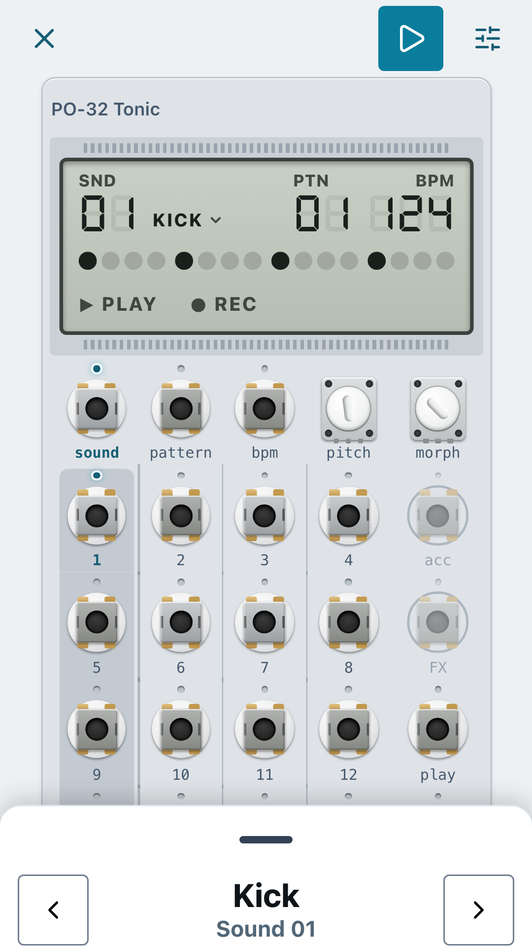 The fullscreen play view on a phone: the PO-32 faceplate filling the screen, with a sound sheet for Kick, Sound 01 at the bottom.