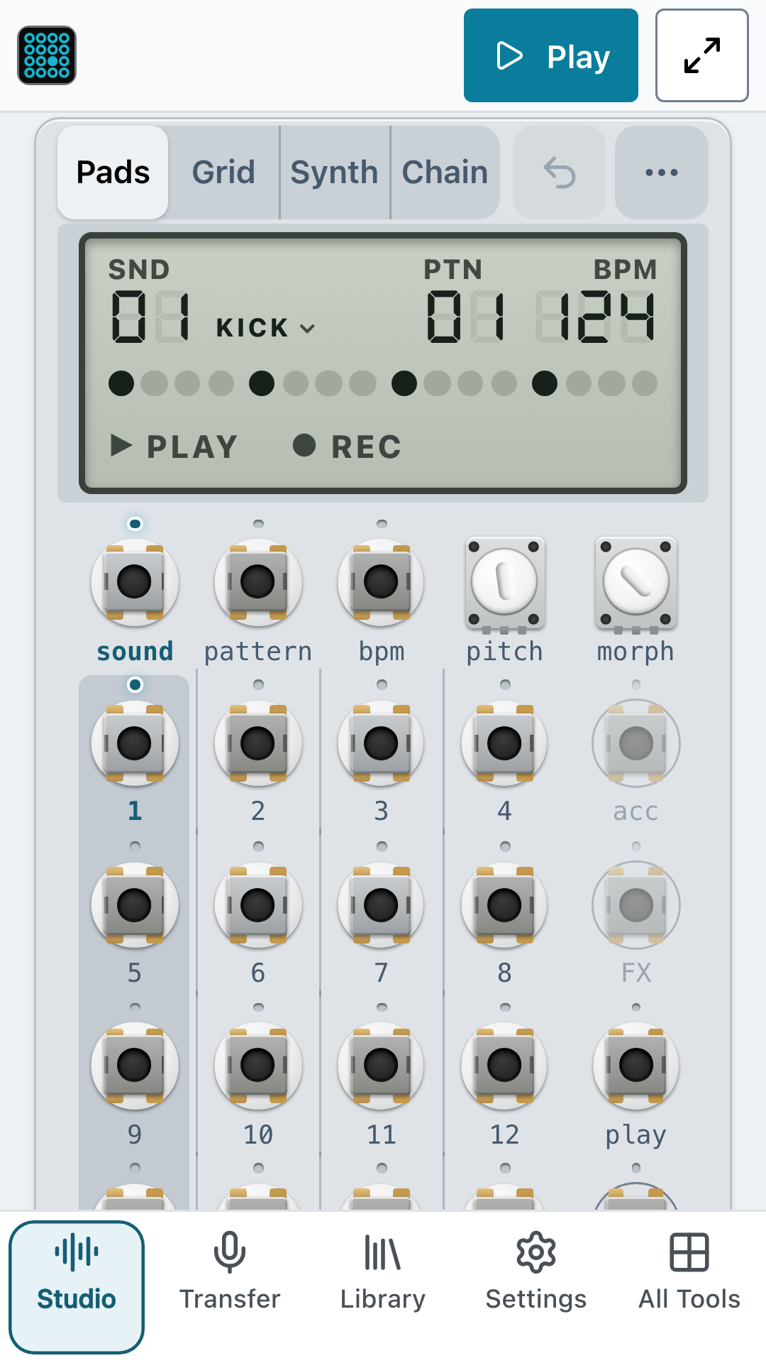 PO-PatchStudio on a phone: the Studio with Pads, Grid, Synth and Chain tabs, the PO-32 faceplate and the bottom tab bar.