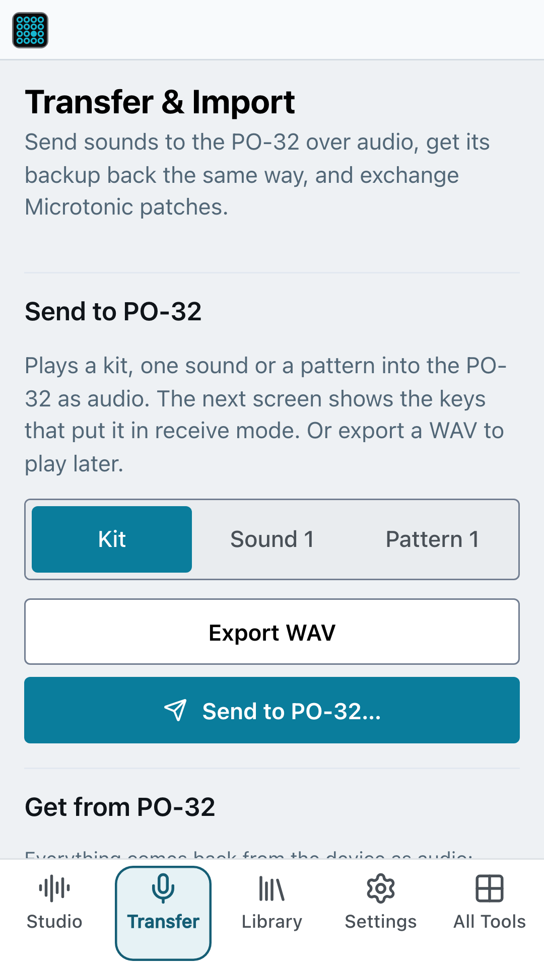 Transfer & Import on a phone: the Send to PO-32 panel with Kit, Sound 1 and Pattern 1 and the Export WAV and Send to PO-32 buttons.