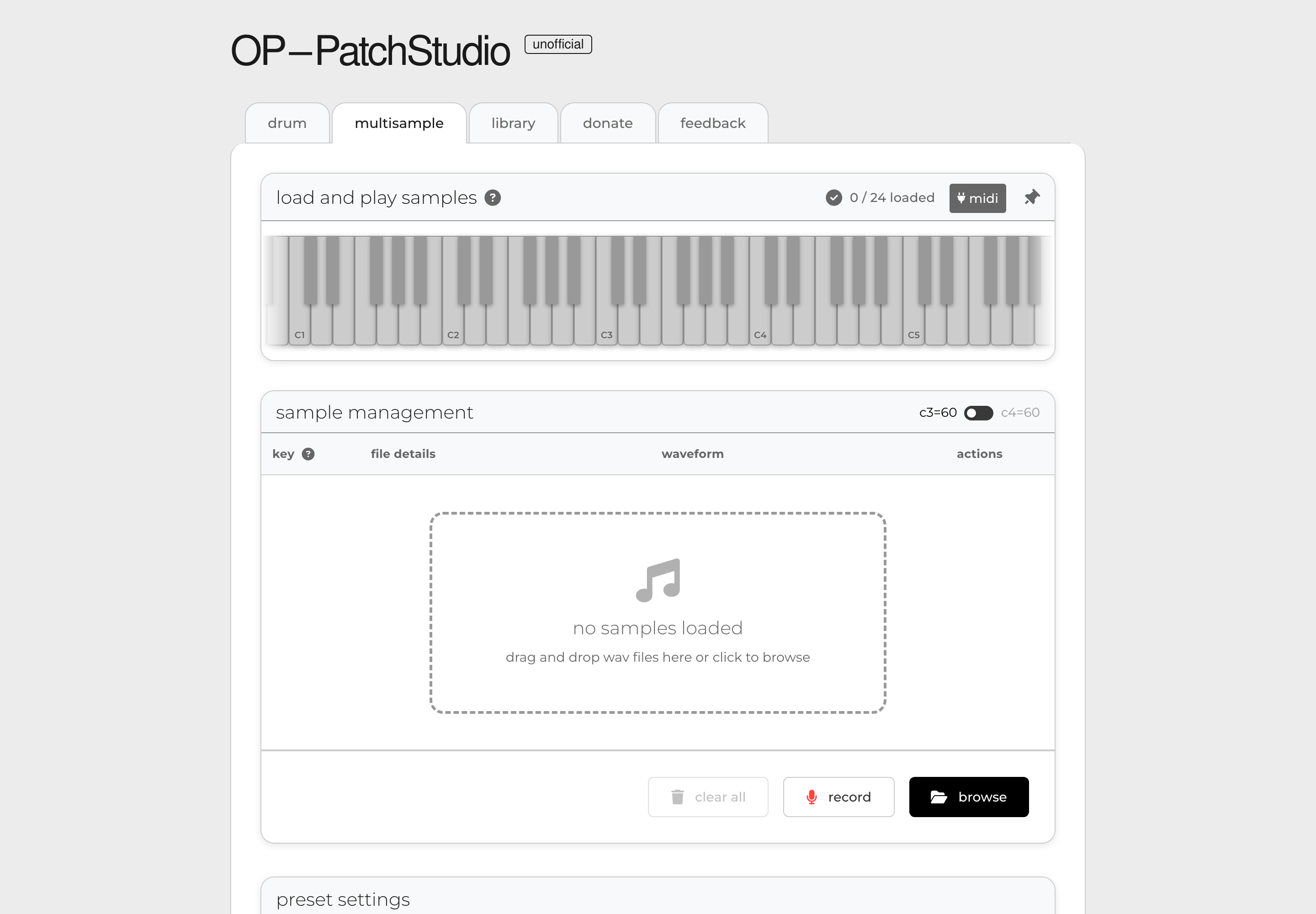OP-PatchStudio multisample tool: a piano keyboard above the sample management panel.