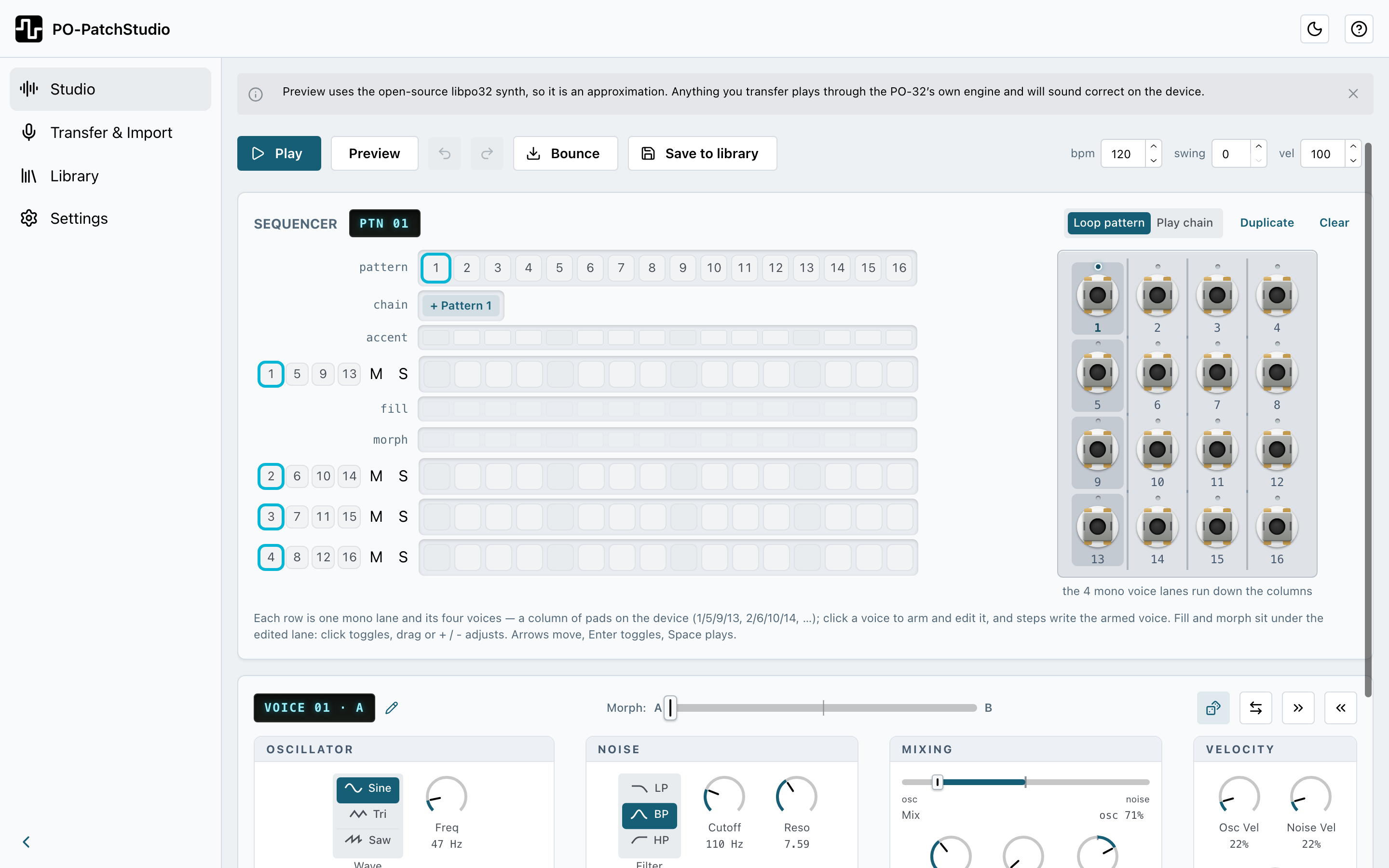 The PO-PatchStudio Studio view: a transport bar, a four-lane sixteen-step sequencer, a sixteen-pad device map and the voice editor below.