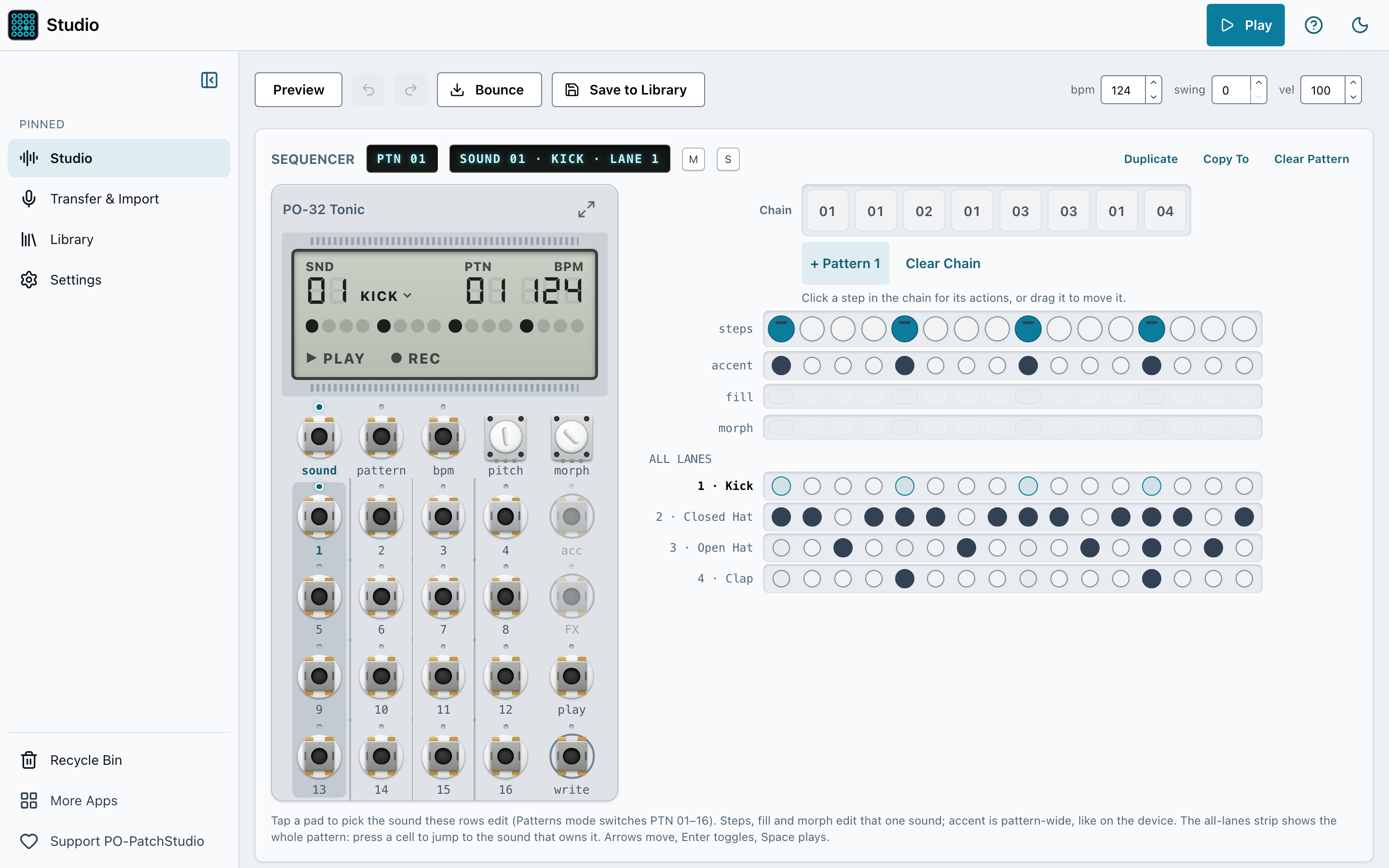 The PO-PatchStudio Studio: Preview, Bounce and Save to Library above the PO-32 faceplate with Sound 01, Kick selected, and beside it a pattern chain, the step rows for that sound and an all-lanes strip for Kick, Closed Hat, Open Hat and Clap.