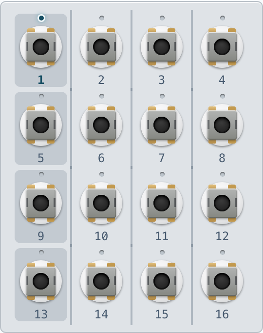 A close-up of the sixteen-pad device map laid out in the PO-32’s four-column mono-lane arrangement.