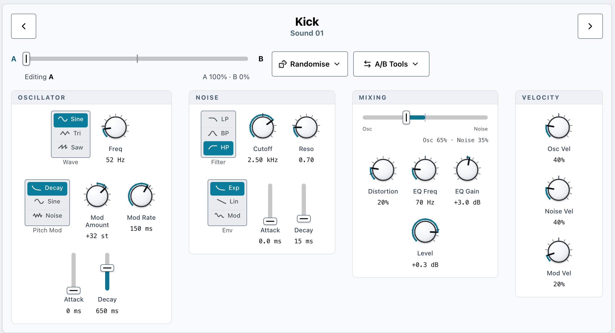 The sound editor for Kick, Sound 01, with an A/B morph slider set to edit A, Randomise and A/B Tools menus, and oscillator, noise, mixing and velocity controls.