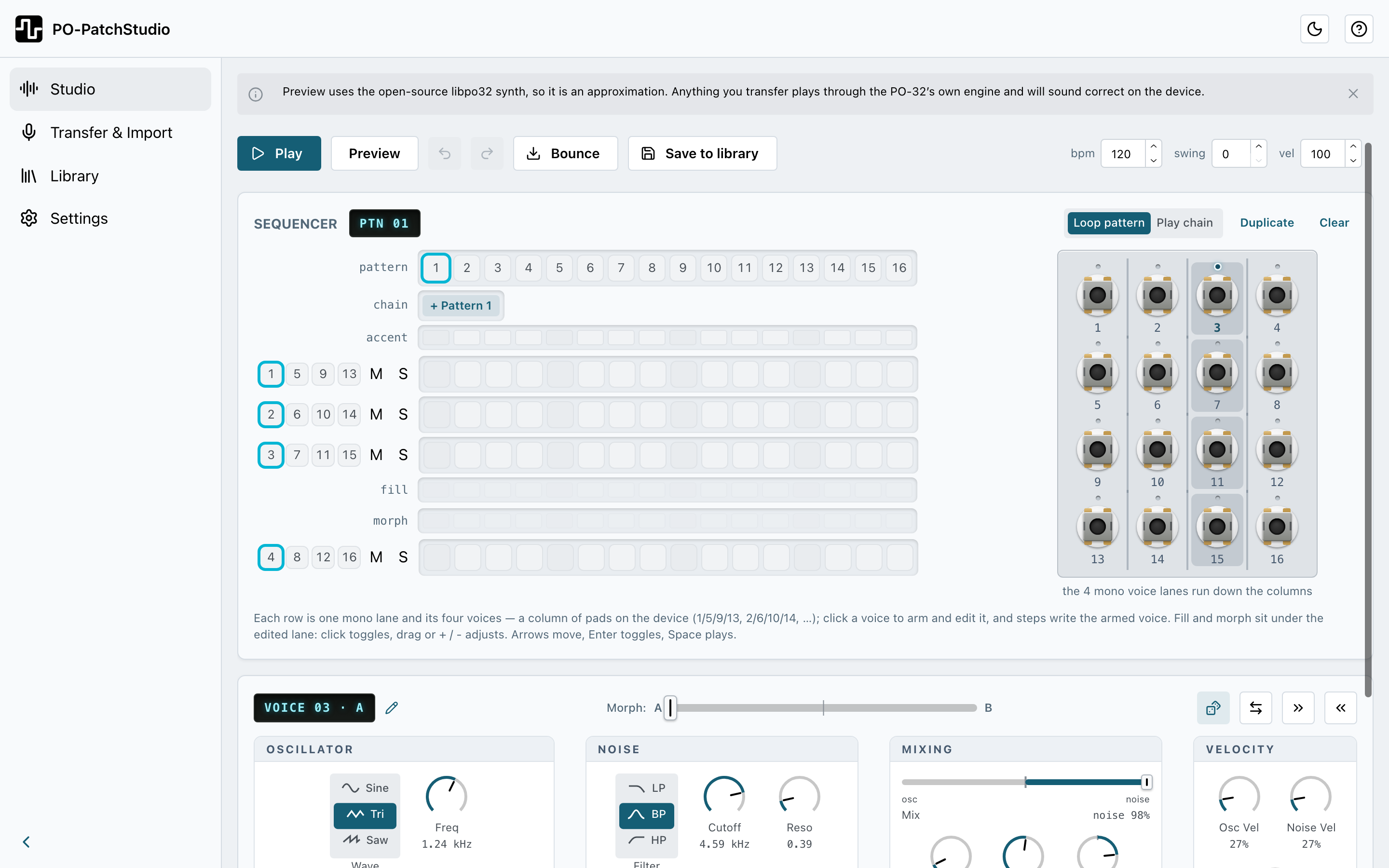 The voice editor with Voice 3 selected, showing oscillator, noise, mixing and velocity controls and an A/B morph fader.