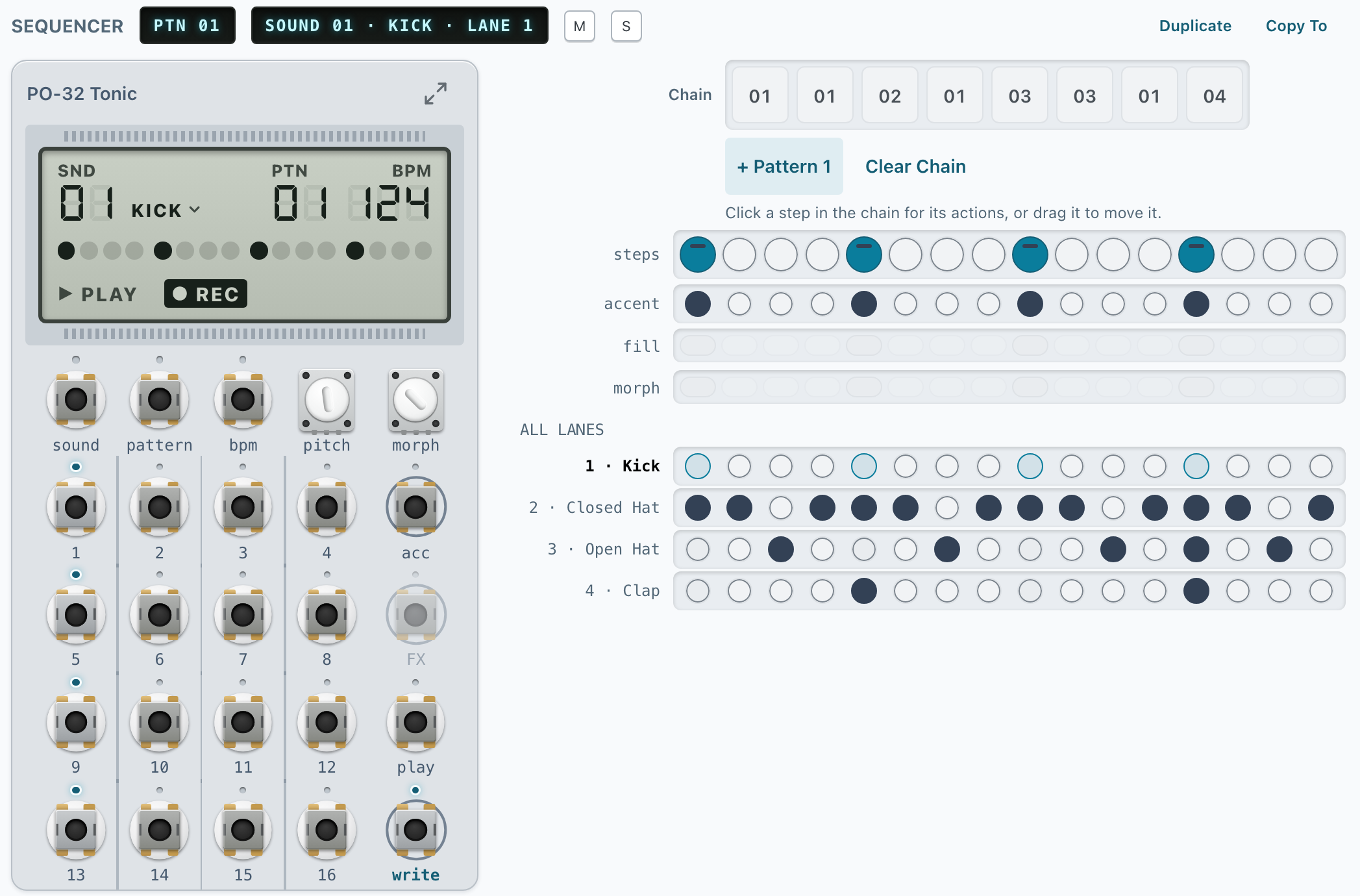 Write mode in the Studio: the PO-32 faceplate with lit step LEDs on steps 1, 5, 9 and 13, and the same steps highlighted in the sequencer grid beside it.